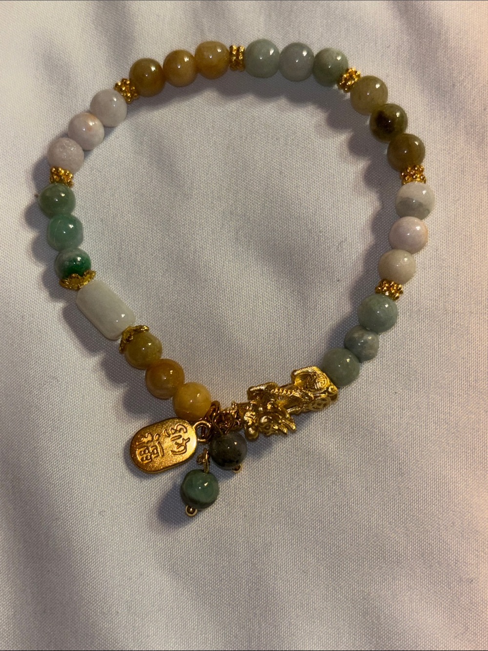 Handcrafted Stretchy Multicolor Jade Bead Bracelet with Gold Charm